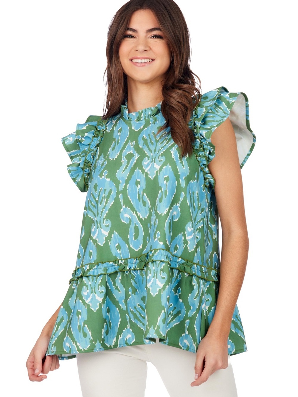 Mud Pie Blue & Green Ruffle Sleeve Printed Tunic Top trending popular